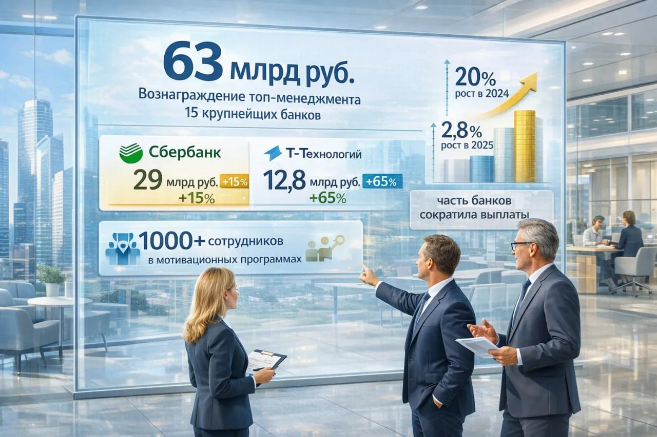 Можно подумать что грусть и тоска царят в высоких кабинетах крупнейших банков по итогам 2025 года вознаграждение ключевого менеджмента выросло всего на 2 8 против 20 в 2024 году Однако если посмотреть на реальные цифры то сразу отпускает суммарные выплаты руководителям 15 крупнейших российских банков составили 63 млрд Львиная доля премий пришлась на Сбербанк который увеличил вознаграждение на 15 до 29 млрд Значительный рост начислений на 65 до 12 8 млрд показали Т Технологии где в программах мотивации задействовано более тысячи сотрудников В то же время примерно половина банков включая Экспобанк и МТС банк действительно сократили выплаты Это связано с рекордными выплатами за предшествующий год когда топ менеджмент получил астрономические разовые бонусы за проведение IPO Топ Бизнес Подписаться в MAX