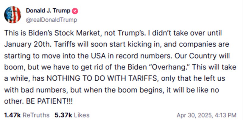 Трамп заявил, что проблемы на фондовых рынках США происходят из-за Байдена.   «Скоро начнут действовать пошлины, и компании начнут приходить в США в рекордных количествах. Наша страна будет процветать, но нам нужно избавиться от «наследия» Байдена», — написал он.