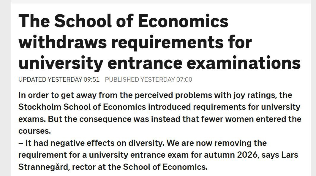 Стокгольмская школа экономики провела эксперимент при поступлении вместо школьных оценок начала использовать результаты вступительных экзаменов В результате процент принятых женщин снизился Из за необходимости обеспечить равенство университет прекратил эксперимент и вернулся к оценкам которые получают любимчики учителей banksta