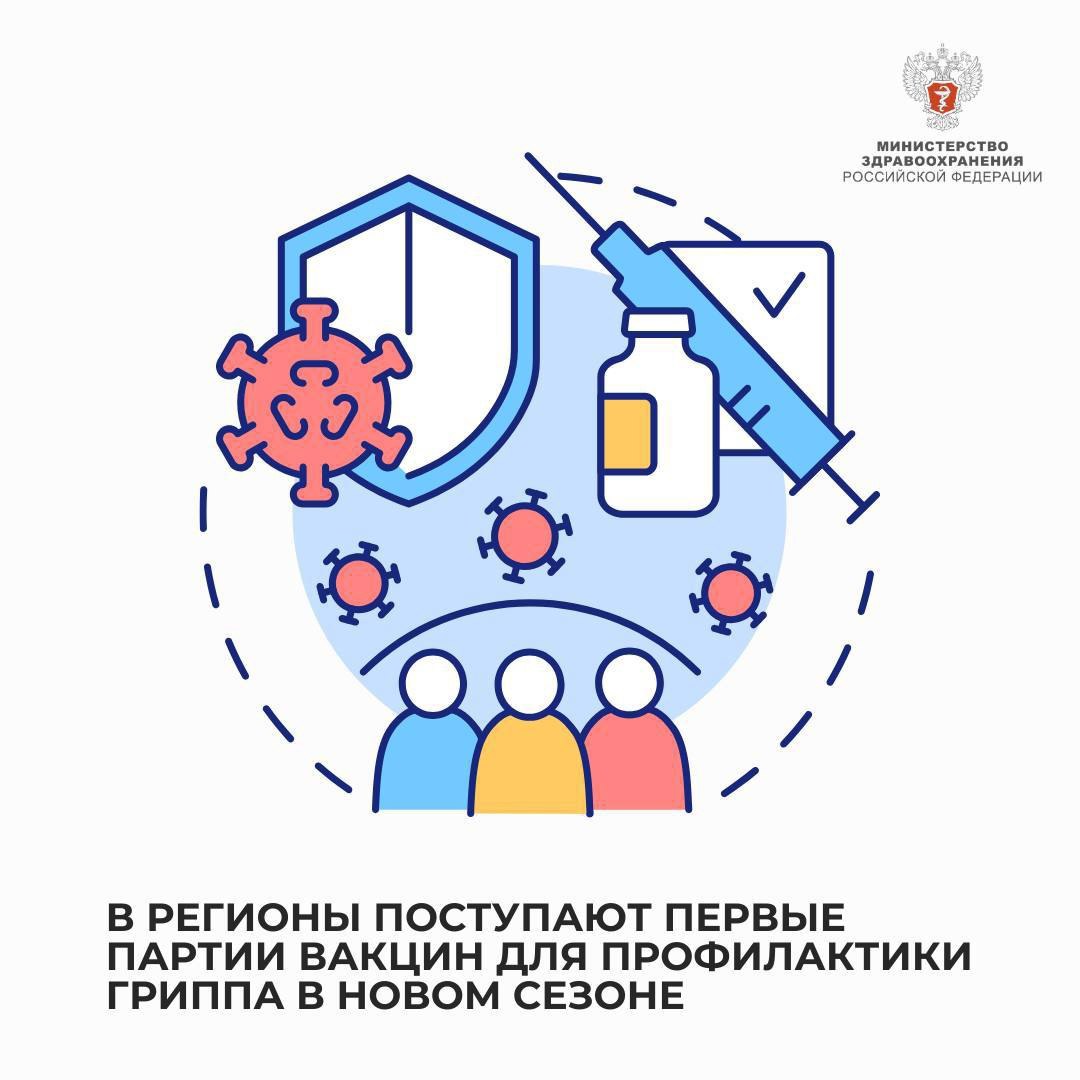 Минздрав России VK В регионы поступают первые партии вакцин для профилактики гриппа в новом сезоне В рамках Национального календаря профилактических прививок НКПП до конца ноября в российские регионы поступят 70,6 млн препаратов. Они содержат обновленные штаммы вирусов с актуальными для нового осенне-зимнего сезона антигенами. В июле и августе в медицинские учреждения поступят первые партии четырехвалентной вакцины «Ультрикс Квадри». Всего будет поставлено 14,1 млн доз этого препарата. Также поступят трехвалентные вакцины «Совигрипп» и «Флю-М». Отметим, что все препараты отличает высокое качество, проверенное клиническими исследованиями и многолетней практикой.