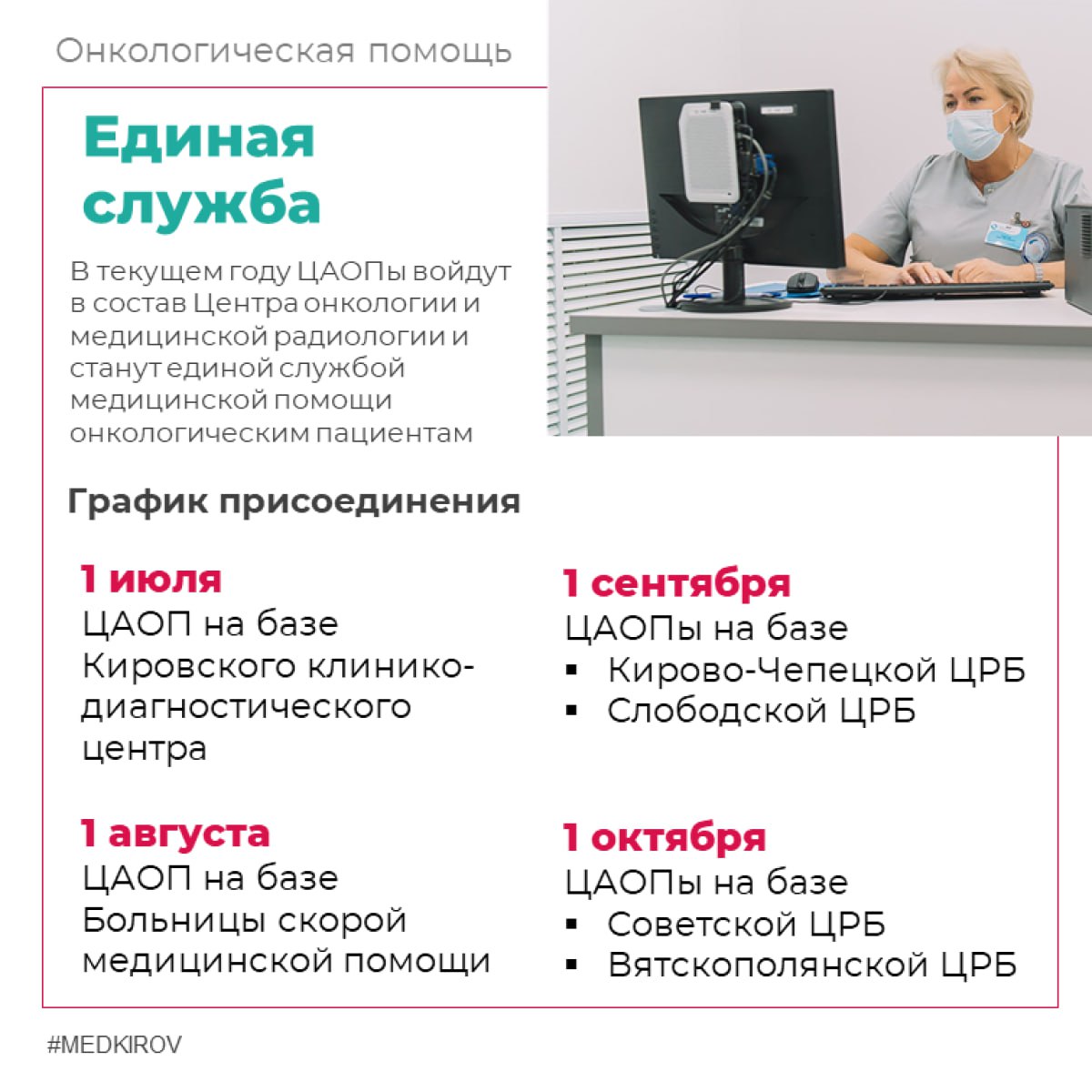 Центры амбулаторной онкологической помощи начинают работать по-новому  С 1 июля в Кировской области начался процесс присоединения Центров амбулаторной онкологической помощи к Центру онкологии и медицинской радиологии. К сентябрю все шесть ЦАОПов войдут в состав Центра онкологии.   – Это важный процесс, который поможет сделать доступнее и качественнее специализированную помощь пациентам с онкологическими заболеваниями в Кировской области, – рассказал главврач Центра онкологии Сергей Бакин. – Присоединение позволит нам распределять лекарственные препараты для противоопухолевой терапии, контролировать кадровый вопрос, регулировать сроки оказания медицинской помощи.    Подпишись на «Источник»
