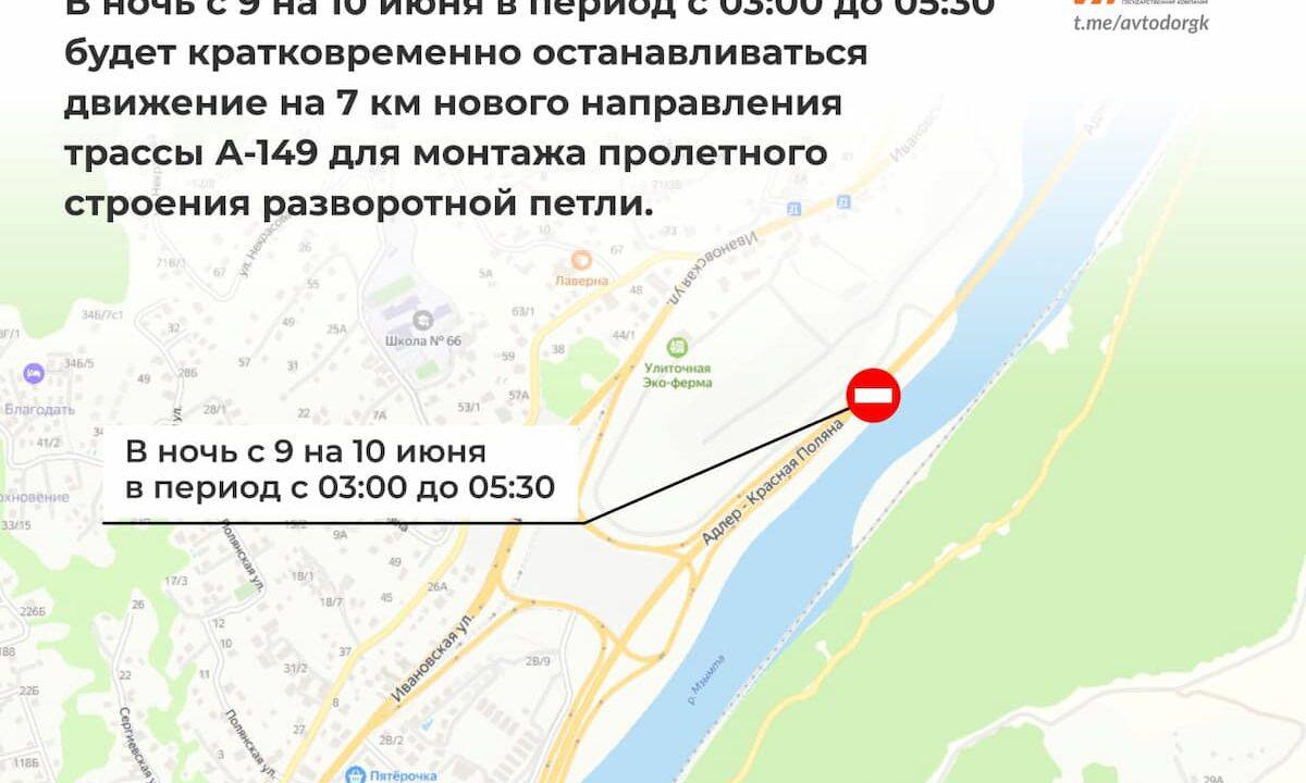 Движение по трассе Адлер – Красная Поляна четыре раза остановят ночью 10 июня Каждая остановка будет длиться 17 минут в промежутке с 3:00 до 5:30. Все из-за монтажа пролетного строения. Кубань 24 Подписаться Буст