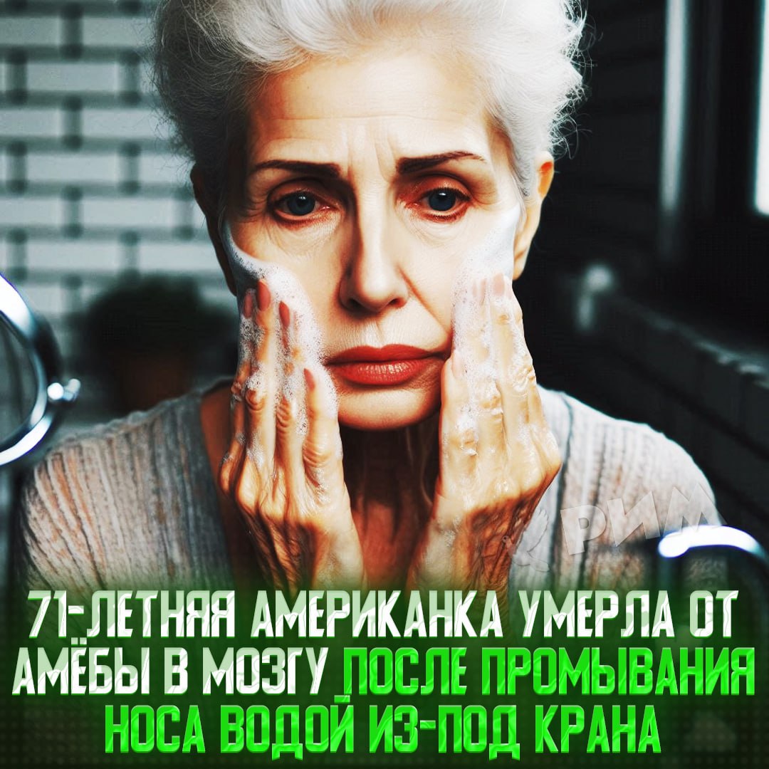 В Техасе женщина умерла из-за амёбы в мозгу — она занесла её, когда просто умывалась водой из-под крана 71-летняя американка постоянно промывала нос водопроводной водой, но однажды таким образом она подцепила «Неглерию Фоулера» — смертельно опасную амёбу. Через несколько дней пенсионерка столкнулась со слабостью, лихорадкой и помутнением сознания, а через 8 дней умерла. Врачи рекомендуют промывать нос только кипячёной, дистиллированной или стерильной водой. — ПРОСТО ПИЗ#ЕЦ Рифмы и Морген