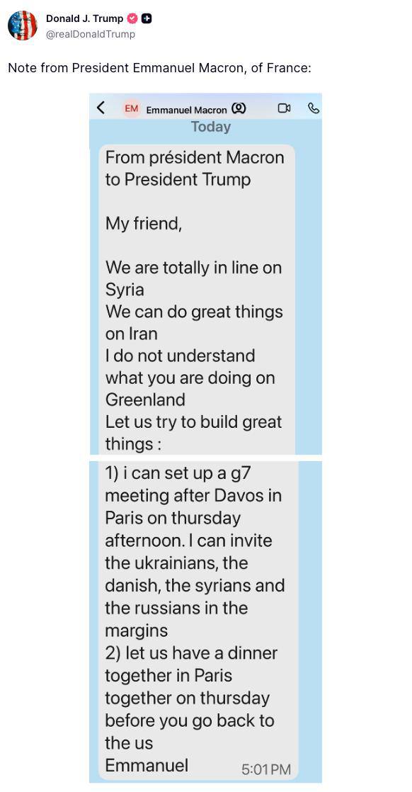 Президент США Дональд Трамп опубликовал сообщение от лидера Франции Эммануэля Макрона в котором тот предлагает провести встречу G7 в четверг в Париже пригласить России и Украину для участия на полях Я могу организовать встречу G7 в Париже в четверг Я могу пригласить украинцев датчан сирийцев и россиян для участия на полях говорится в сообщении которое приводит Трамп в соцсети Truth Social