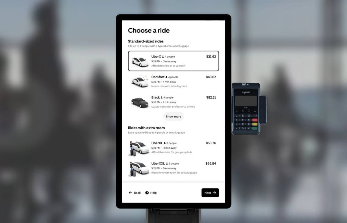 Uber начнёт устанавливать терминалы для заказа такси без использования телефона в аэропортах и на вокзалах в США ориентируясь на туристов без местных SIM карт Меню терминала напоминает привычный для пользователей интерфейс мобильного приложения Uber vc ru offline 2641292