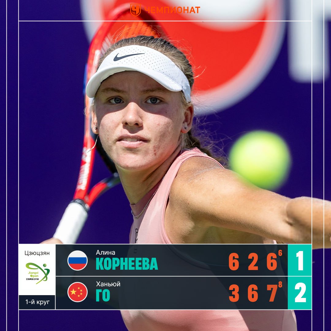 Корнеева не смогла выйти во 2 й круг Цзюцзяна Алина в трёх сетах проиграла Ханьюй Го 6 3 2 6 6 7 6 8 Дальше китаянку ждёт Энн Ли или Чжосюань Бай Алина до встречи на следующем турнире Статистика матча   Сетка турнира ChampTennis