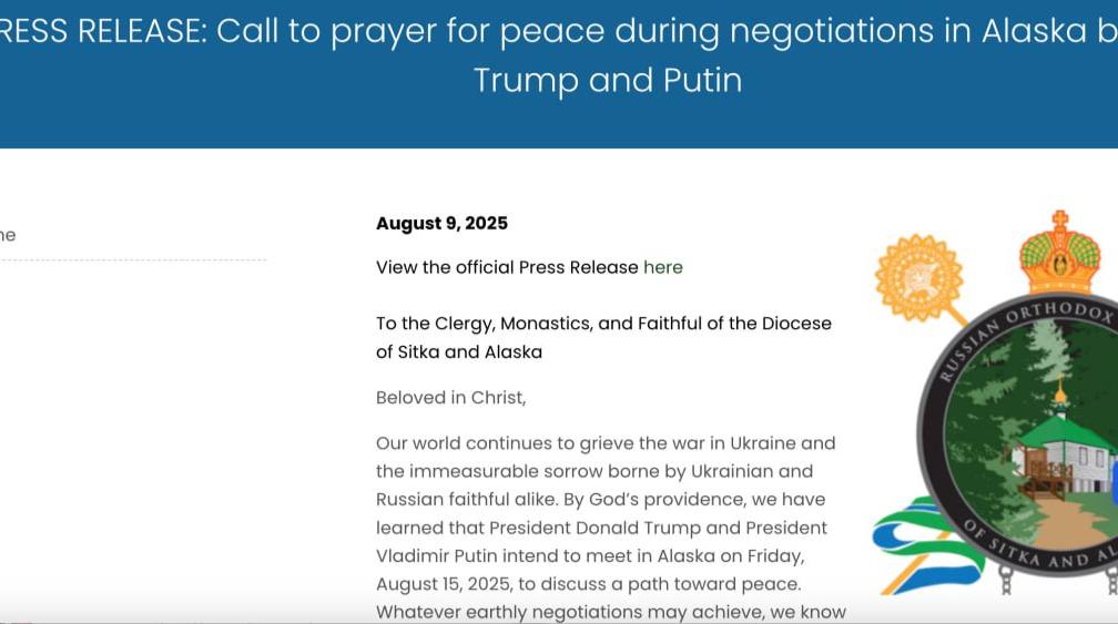 На Аляске пройдёт Неделя молитв перед саммитом Путина и Трампа Епархия Аляски объявила о проведении Недели молитв накануне российско-американского саммита. В заявлении подчёркивается, что молебны будут посвящены мировым лидерам, а сама молитва рассматривается как «духовный долг, а не политический акт».