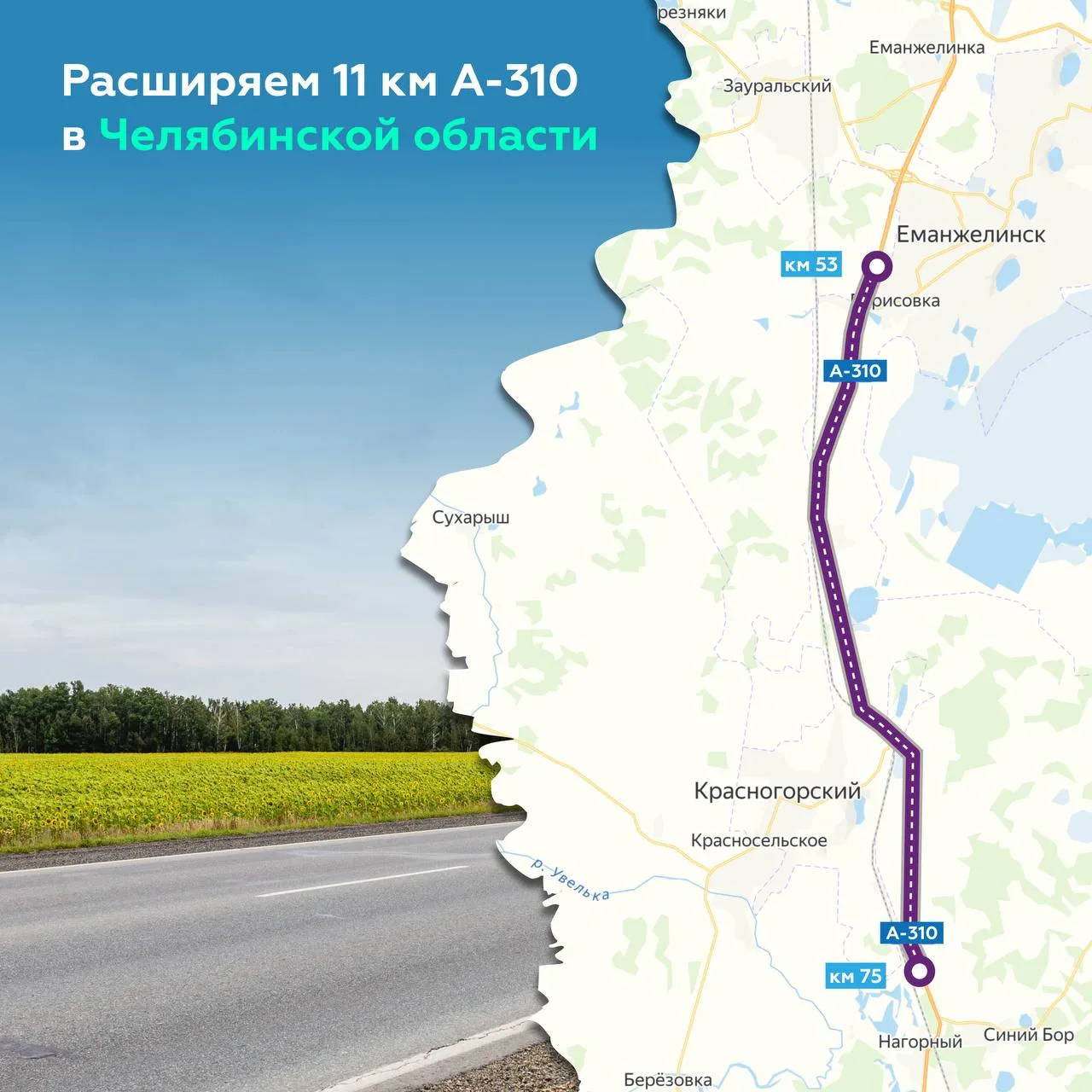 Продолжаем капремонт участка трассы А 310 в Челябинской области Речь идёт об отрезке с 53 го по 75 й км федеральной дороги А 310 Челябинск Троицк граница с Республикой Казахстан где в 2026 году введём в эксплуатацию 11 км с 54 го по 56 й км с 57 го по 59 й с 60 го по 63 й с 64 го по 67 й и с 68 го по 70 й км Здесь не только расширим проезжую часть но и заменим земполотно построим разворотные петли а с 61 го по 62 й км устроим временный объезд на период основных работ Также смонтируем линии электроосвещения В прошлом году уже перевели в четырёхполосное исполнение 2 4 км с 53 го по 54 й и с 56 го по 57 й км Обновили конструкцию дорожной одежды установили барьерное ограждение остановки дорожные знаки и обустроили тротуары Поэтапное расширение А 310 снизит нагрузку на самые загруженные участки где проезжает более 30 тыс автомобилей в сутки Эта трасса важна и для жителей и для экономики региона Она проходит через Южноуральск и посёлок Увельский где сосредоточены крупные производственные предприятия И является частью маршрута на Восток в страны Средней Азии и Китай Росавтодор в МАХ росавтодор капремонт идж