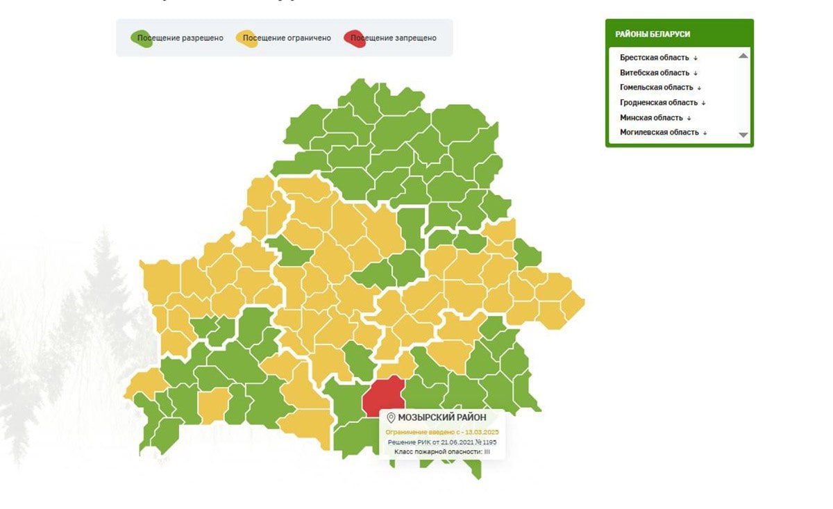 В Мозырском районе введено ограничение на посещение лесов   В связи с установившимся 3 классом пожарной опасности на территории Мозырского района введено ограничение на посещение лесного фонда гражданами. Это значит, что гулять по лесу можно, а вот разжигать костры и мангалы запрещено.  Также по Гомельской области ограничения действуют в Жлобинском, Октябрьском и Рогачевском районах, в Петриковском районе введен полный запрет. Такие же меры вводятся по всей стране – в 55 районах посещение лесов ограничено.  Обильные осадки могут стабилизировать ситуацию в лесном фонде – следить за ней в режиме онлайн можно на интерактивной карте Минлесхоза.