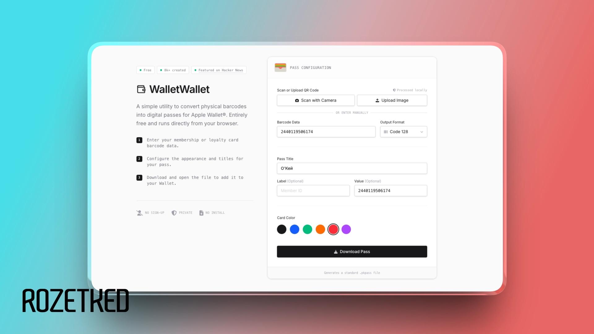 WalletWallet конвертер для карт лояльности в Apple Wallet Простой веб сервис позволяет за минуту сконвертировать карту лояльности магазина в формат кошелька Apple Поддерживаются QR коды штрихкоды и ещё пара форматов Сгенерированный файл pkpass останется открыть на устройстве и добавить в Wallet Бесплатно и приватно генерация происходит прямо в браузере без участия сервера Rozetked Подписаться