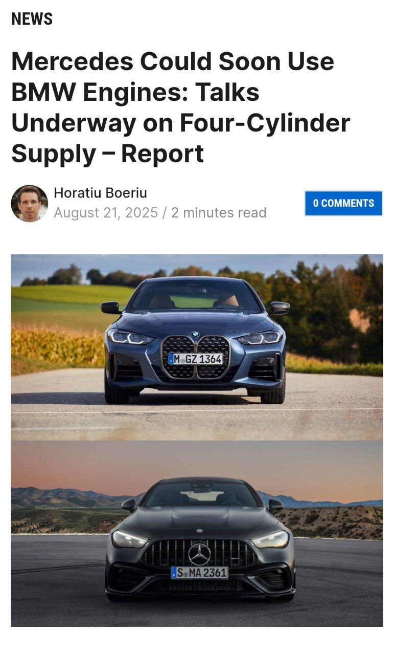 Mercedes планирует устанавливать двигатели BMW в свои автомобили такие переговоры ведутся уже год Главная проблема Mercedes нехватка моторов для подключаемых гибридов Ситуация дошла до того что компания даже обращалась за помощью к китайской Geely Сначала планируют закупать четырёхцилиндровые двигатели BMW а позже дизели и некоторые компоненты трансмиссии banksta