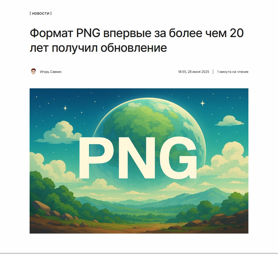 Обновление легенды Формат PNG впервые за более чем 20 лет получил серьёзное обновление спецификации. Над обновлением работали специалисты из Adobe, Apple, BBC, Google, W3C и других компаний. ↖