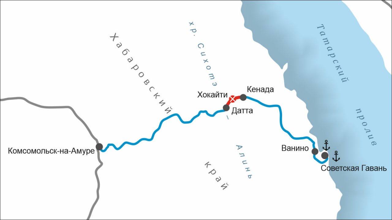 РЖД открыли движение по второму пути на перегоне БАМа Датта – Кенада Развитие инфраструктуры разделили на два этапа. Сначала построили двухпутную вставку между разъездом Хокайти и станцией Кенада в Хабаровском крае, чтобы сразу пропускать больше поездов. Недавно уложили 9,5 км второго пути между станцией Датта и разъездом Хокайти. На пересечениях с рекой Мули и её притоками возвели 3 моста и реконструировали 6 водопропускных труб. Новая инфраструктура позволила отказаться от разъезда Хокайти и объединить смежные перегоны в один – длиной 19 км. Это значительно повысит провозные возможности всей линии Комсомольск-на-Амуре – Ванино к портам на побережье Татарского пролива.