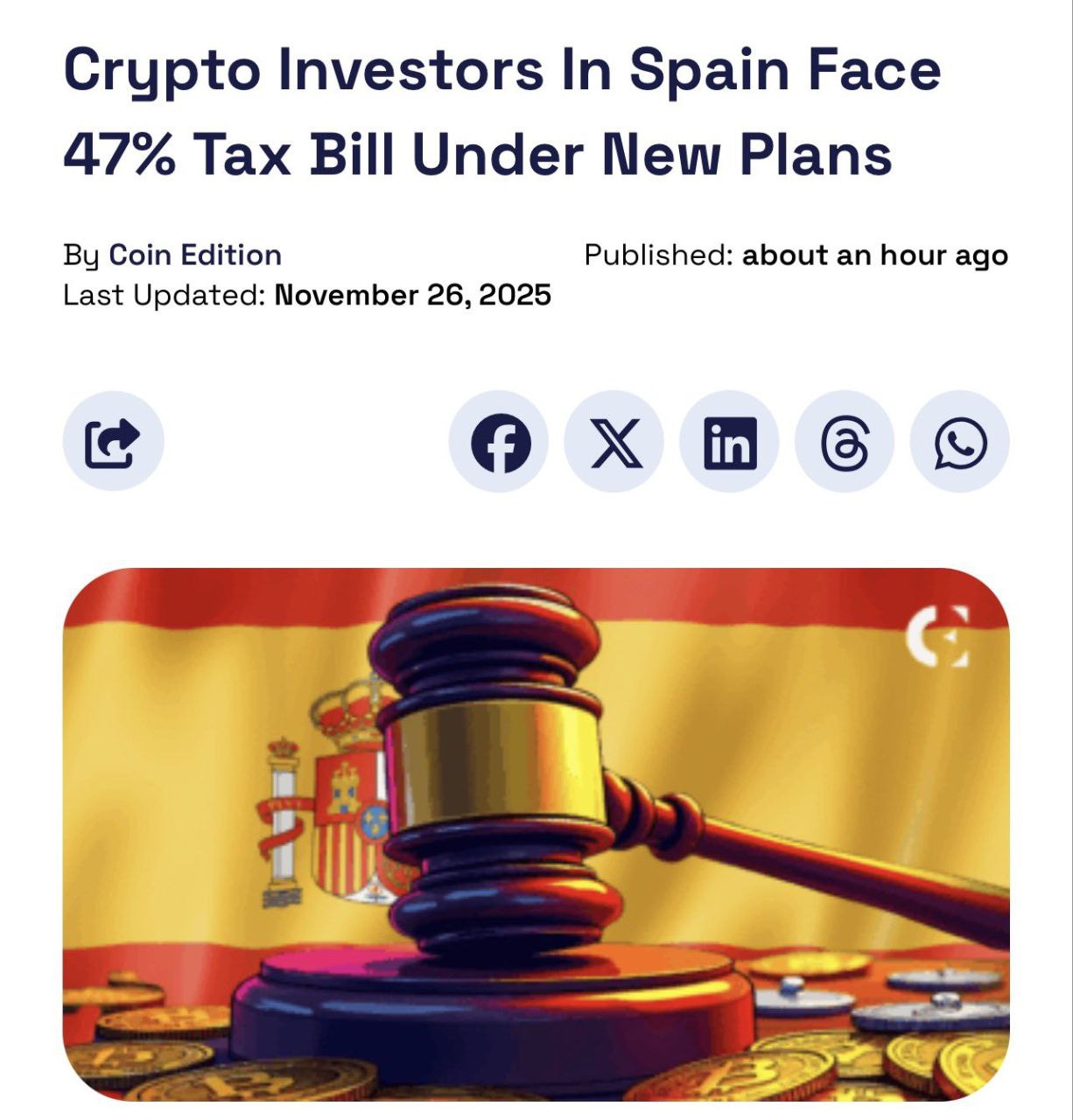 Правительство Испании рассматривает законопроект о налоговом обложении криптовалютных доходов Предлагается увеличить ставку налога на прибыль от биткоинов и другой крипты до 47 Налоговая ставка указывается однозначно и официально investing investing