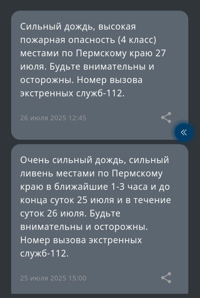 В Прикамье снова штормовое предупреждение от РСЧС. 27 июля нас с вами может ждать сильный дождь и высокая опасность пожаров одновременно . Ранее ведомство сообщало, что сегодня, 26 июля, по краю возможны локальные сильные ливни, очень сильный дождь.