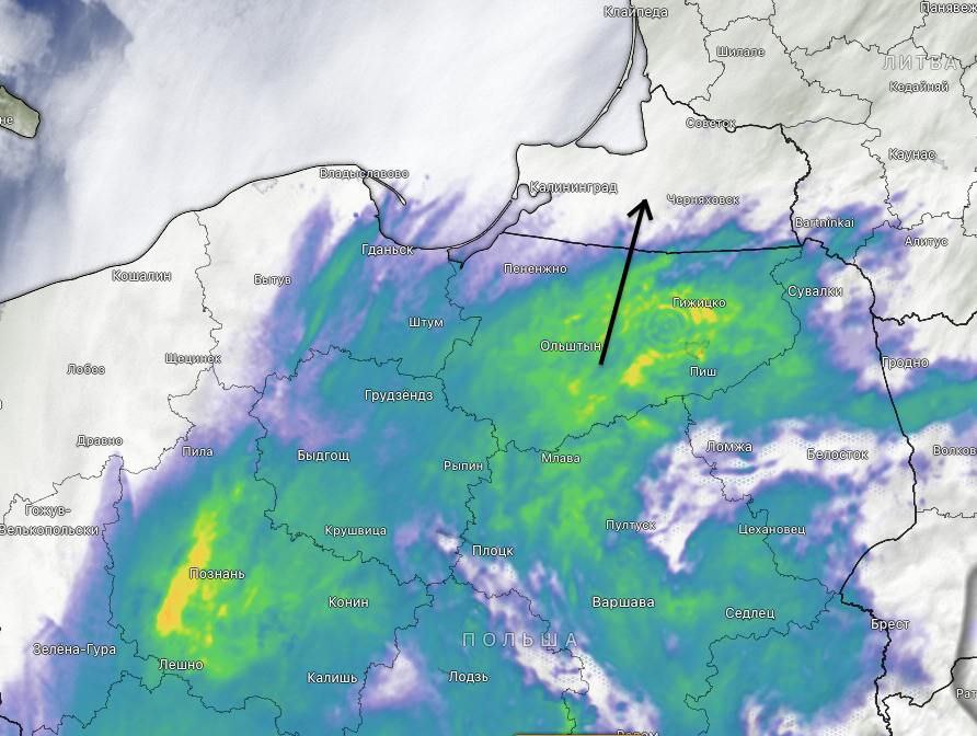 Вот и подходит масштабная зона осадков циклона "Урс", охватившая сейчас большую часть Польши. В ближайшие 2-3 часа дожди начнутся в Калининграде и области и продолжатся вечером, переходя в мокрый снег к ночи.    Кстати, по данным за 14ч на востоке потеплело до +10°С  Черняховск  - туда поступает тёплый воздух в южном секторе циклона, на побережье куда прохладнее  всего +4,4°С в Балтийске , в Калининграде было +5,4°С.  Не забываем зонты!
