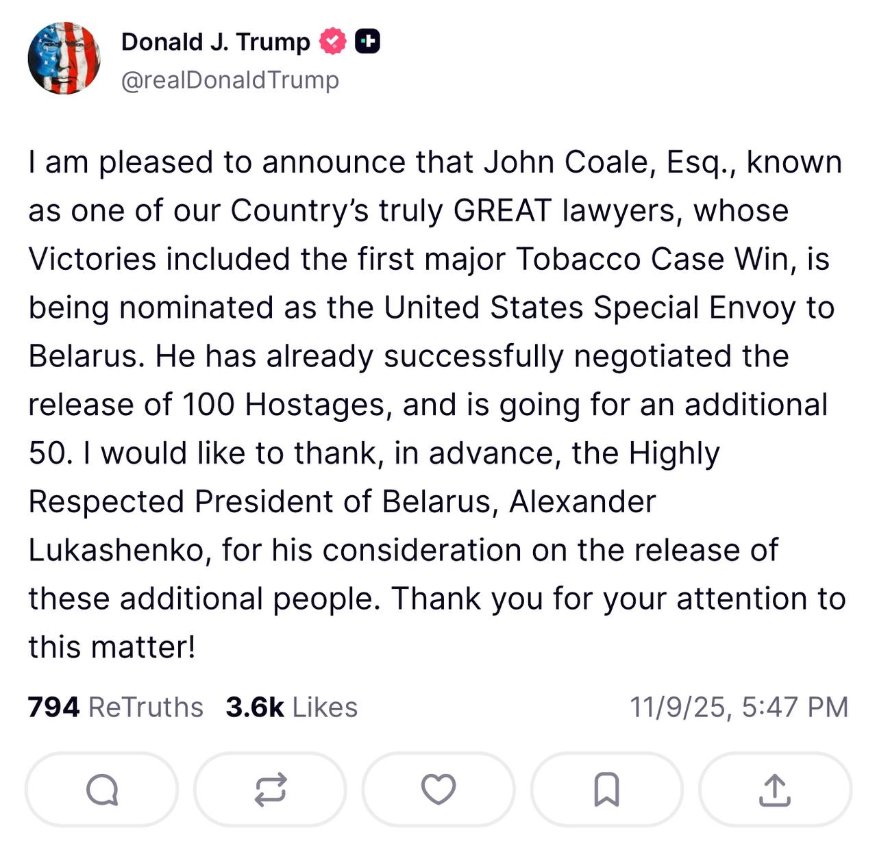 Представитель президента США Джон Коул выдвинут на должность спецпосланника по Белоруссии сообщил глава Белого дома Дональд Трамп По словам американского лидера господин Коул уже договорился об освобождении 100 заключенных в Белоруссии и планирует добиться освобождения еще 50 человек Трамп заранее поблагодарил белорусского коллегу Александра Лукашенко за рассмотрение этого вопроса Подписывайтесь на Ъ Оставляйте бусты