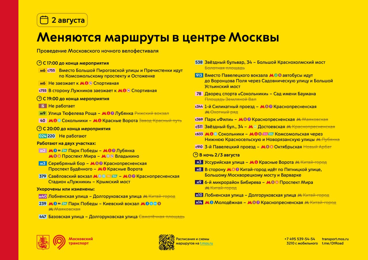2 августа меняются маршруты в центре Москвы — будет проводиться Московский ночной велофестиваль.