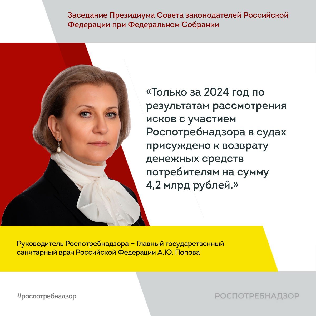 Анна Попова выступила с докладом «Защита прав потребителей: правовые аспекты и основные направления развития» на заседании Президиума Совета законодателей Российской Федерации   Глава ведомства озвучила, что с 2018 по 2024 год было: — реализовано 35 пунктов плана, разработанного для выполнения Стратегии государственной политики Российской Федерации в области защиты прав потребителей на период до 2030 года; — принято 17 федеральных законов, в том числе «закон об агрегаторах», ставший базисом регулирования отношений с участием маркетплейсов; — установлено особых мер защиты прав инвалидов, лиц пожилого возраста и детей.   В январе текущего года в первом чтении принят разработанный Роспотребнадзором правительственный законопроект, который предусматривает прямой запрет на навязывание потребителю дополнительных товаров и услуг до заключения договора.  Закрепление возможности группового потребительского иска позволило эффективно защищать интересы больших групп граждан, чьи права и интересы нарушены одним ответчиком.   Важным аспектом защиты прав потребителей является контроль за маркировкой товаров средствами идентификации: на сегодняшний день маркируется 2  6   групп товаров. В 2025 году участниками оборота маркированных товаров являются 850 тысяч хозяйствующих субъектов.    Дополнительные поступления в бюджет, обеспеченные обязательной маркировкой средствами идентификации и контролем за ней, составил более триллиона рублей.   Из года в год растет эффективность внеплановых проверок: в первые месяцы 2025 года - 9  7  %.  Значительным достижением в сфере защиты прав потребителей является утверждение Единых правил в области защиты прав потребителей.  Подробнее читайте по ссылке ↖       #новости_Роспотребнадзора