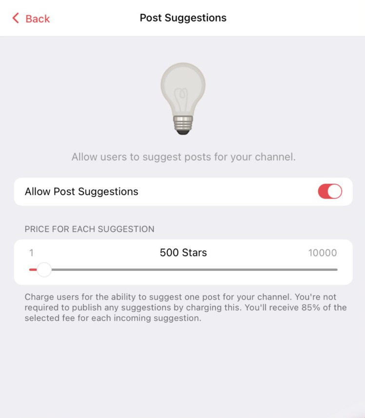 В Telegram вскоре станет доступна новая функция — платное предложение для каналов. Это нововведение уже активное в тестируемой бета-версии мессенджера. В последней бета-версии для macOS 11.9.272252 обнаружена возможность, позволяющая администраторам каналов активировать предложку для получения постов от подписчиков за определенное количество Звёзд. Стоимость устанавливают сами админы и она может варьироваться от 1 до 10 000 Звёзд. Канал будет получать 85% от оплаченной суммы, причём публикация поста не является обязательной даже в случае произведённой оплаты.