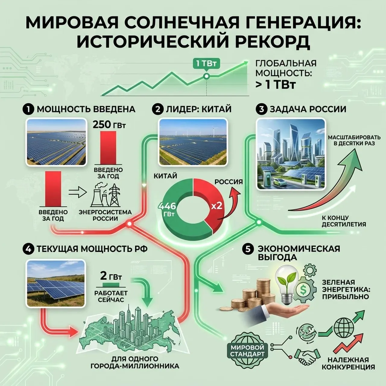 Мировая солнечная генерация установила исторический рекорд Глобальная мощность крупных солнечных станций достигла отметки в 1 ТВт Только за прошлый год отрасль ввела 250 ГВт новых мощностей Это сопоставимо с мощностью всех электростанций России вместе взятых Лидером остается Китай с показателем 446 ГВт Это почти в два раза больше всей российской энергосистемы Для сохранения позиций на мировом рынке России необходимо масштабировать солнечную генерацию в десятки раз до конца десятилетия Сейчас в стране работает около 2 ГВт солнечных мощностей Такого объема энергии хватит лишь для обеспечения одного города миллионника Тераваттный рубеж подтверждает экономическую выгоду зеленой энергетики Для отечественного бизнеса это повод ускорить вложения в низкоуглеродные проекты Энергопереход стал мировым стандартом надежности и конкуренции солнце энергетика экология БИОЭНЕРГО Перейти на сайт БИОЭНЕРГО в MAX