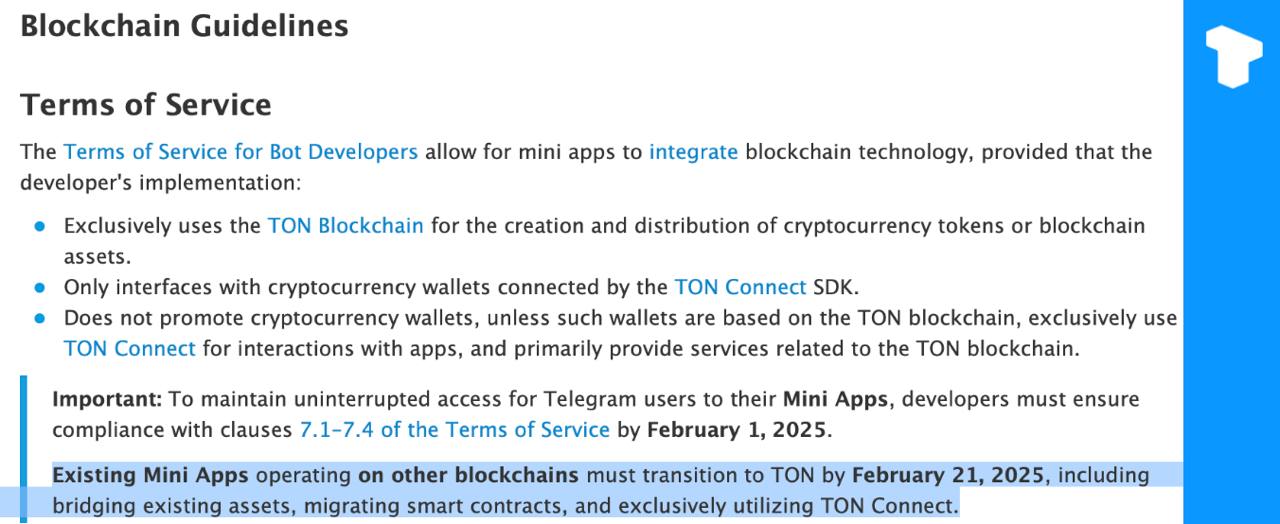 Telegram объявил, что сторонние криптокошельки должны принять TON Connect как единственный протокол подключения к кошельку и потребовать от всех мини-приложений перейти на блокчейн TON до 21 февраля, в противном случае обслуживание будет приостановлено.  Некоторые разработчики выразили сомнение по поводу приверженности Telegram децентрализации.    Телеграм  Х    Сообщество  Источник