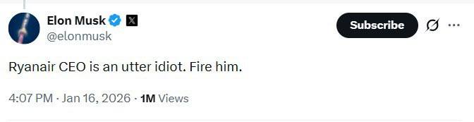 Илон Маск рассматривает возможность покупки авиакомпании Ryanair после того как компания подшутила над ним из за сбоя в работе X написав Возможно вам нужен Wi Fi Может мне стоит купить Ryanair и поставить во главе кого то кого по настоящему зовут Райан ответил Маск roubledollar