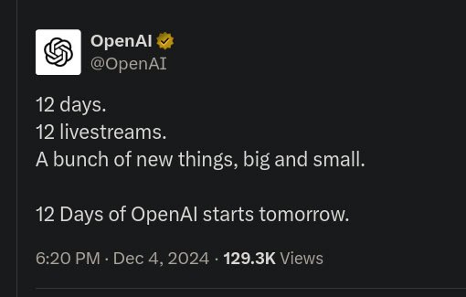 OpenAI объявляет 12 дней «shipmas»   OpenAI анонсировала 12-дневный марафон, начиная с 5 декабря, во время которого будут представлены новые функции и продукты, включая генератор видео Sora и новую модель размышлений.  Также среди возможных новинок от OpenAI обсуждается создание голосовой опции в стиле Санта для ChatGPT.   Генеральный директор компании, Сэм Альтман, подтвердил данную инициативу на конференции The New York Times, однако подробности пока не раскрыты.   Ожидается, что в каждый из 12 дней будет представлен новый релиз. ================