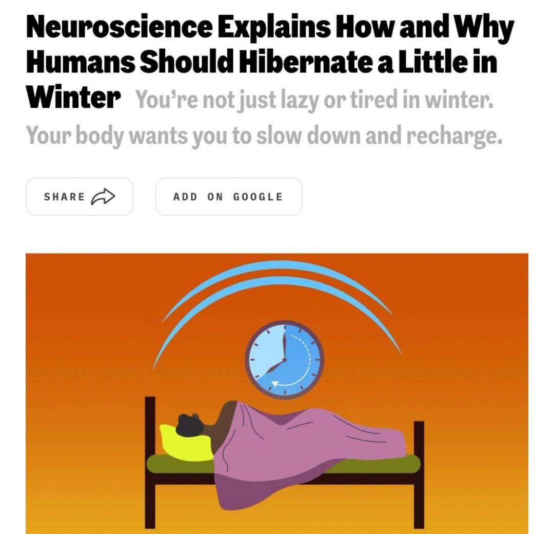 Люди должны впадать в спячку зимой к такому выводу пришли нейробиологи Зимой мы не ленимся а экономим энергию короткий световой день и холод запускают древние механизмы выживания Организм замедляется чтобы пережить сезон Учёные советуют снижать темп выбирать спокойные хобби и больше времени проводить дома и с близкими Прямой эфир Наш MAX