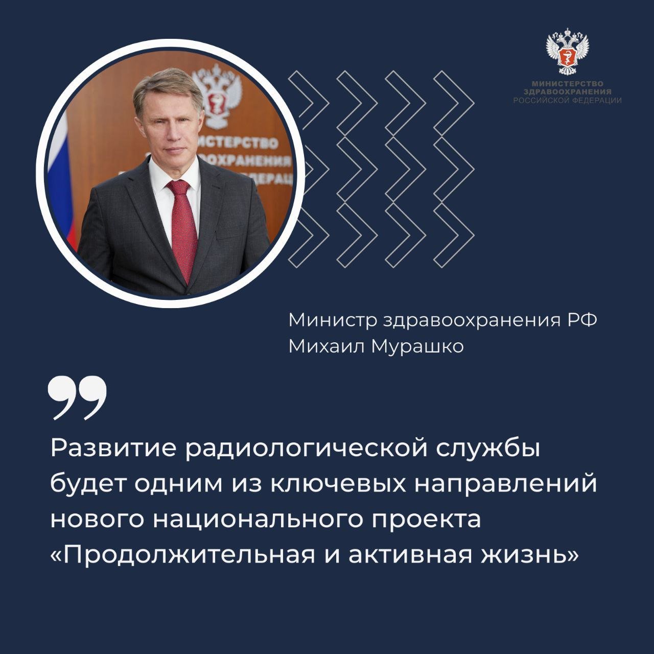 Михаил Мурашко: За последние шесть лет в рамках нацпроекта «Здравоохранение» создали новую современную инфраструктуру онкологической службы  Министр здравоохранения РФ Михаил Мурашко направил приветствие участникам III Всероссийского конгресса с международным участием «Ядерная медицина — 2024».   — Технологии радионуклидной визуализации и терапии сегодня позволяют существенно повысить эффективность диагностики и лечения онкологических, сердечно-сосудистых и неврологических заболеваний, — сказал министр.  Всё это повышает шансы пациентов на излечение и улучшение качества жизни.   С 2019 года:   Ввели в эксплуатацию 15 онкологических диспансеров нового поколения;   Завершили модернизацию материально-технической базы 221 регионального и 69 федеральных медицинских центров;   Ввели в эксплуатацию более 16 тыс. единиц медицинского оборудования, в том числе для проведения лучевой терапии — 155 линейных ускорителей и гамма-терапевтических аппаратов, 54 аппарата близкофокусной рентгенотерапии, 66 аппаратов брахитерапии.   Все это позволяет повысить качество и доступность медицинской помощи.     Только за 2023 год в нашей стране выполнили около 1 млн диагностических процедур с использованием методов радионуклидной диагностики.     Министр также отметил, что в России уже применяется 15 радиофармпрепаратов.    По всей стране принимают пациентов 15 центров ядерной медицины «полного цикла» с 208 «активными» койками.    За последние несколько лет российские ученые создали и ввели в клиническую практику   6 инновационных радиофармпрепаратов для лечения онкологических заболеваний и для терапии тяжелых форм артритов.   — Еще 10 препаратов находятся в разработке, мы ожидаем их перехода к стадии клинических исследований, — сказал министр.  Использование отечественных радиофармпрепаратов за 2023 год позволило для 45 тыс. граждан получить высокотехнологичную помощь, которая ранее была доступна только за рубежом.     Также важно сотрудничество в области ядерной медицины со странами БРИКС.   ‍ ‍  Не менее важная задача — подготовка специалистов для практической реализации поставленных целей.     Развитие радиологической службы будет одним из ключевых направлений нового национального проекта «Продолжительная и активная жизнь».   — Это повысит доступность и качество диагностики и лечения целого спектра заболеваний с использованием инновационных радиологических методов максимально эффективно и безопасно для человека, — сказал министр.