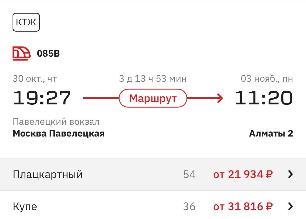 С конца октября запустится прямое ж д сообщение между Москвой и Алматы заметили на канале today1520 Вагоны беспересадочного сообщения будут курсировать через день из Алматы первый рейс отправится 26 октября в 20 00 по местному времени из Москвы 30 октября в 19 27 В пути придётся провести около 3 дн 13ч Вагоны пойдут в составе поездов Москва Махачкала а в Саратове их будут прицеплять к составу Саратов Алматы Билеты из Москвы уже в продаже от 21 934 а вот в обратном направлении пока купить нельзя Перевозчик Казахстанские железные дороги КТЖ uletet 1
