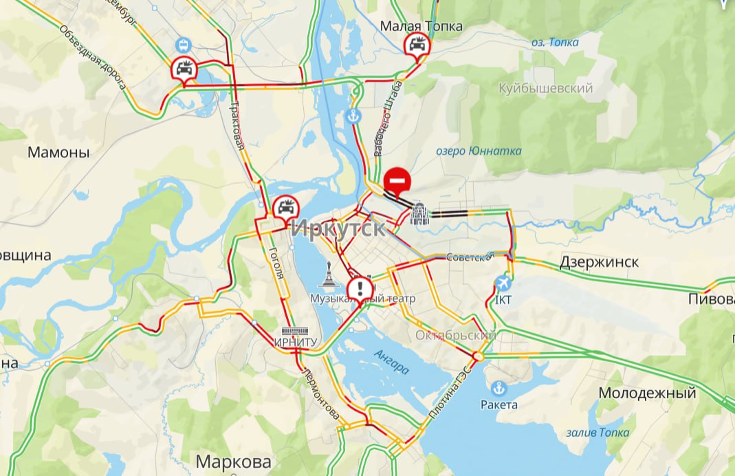 Десятибалльные пробки сковали Иркутск вечером 18 декабря. Наиболее сложная ситуация сложилась в центре Иркутска — на улицах Ленина, Карла Маркса, Октябрьской Революции, Декабрьских событий, Франк-Каменецкого, Рабочей, Сурнова и Глазковском мосту. Заторы начинают формироваться на Академическом, Иркутном и Иннокентьевском мостах, а также на улицах Байкальской и Советской.