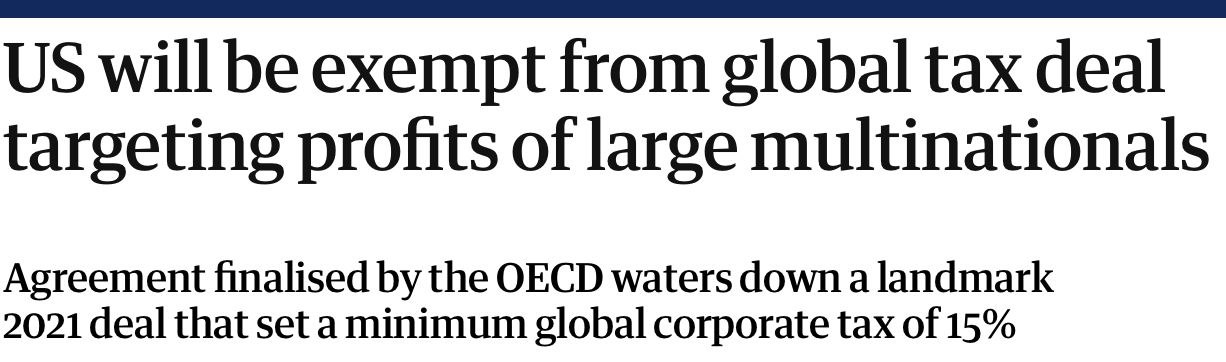 Глобальный минимальный налог отклонили США заблокировали введение международного налогового стандарта 130 государств планировали обязать крупные компании платить минимум 15 налогов там где они реально ведут деятельность предотвращая уклонение от налогов через офшоры Однако теперь крупнейшие американские корпорации освобождаются от такого налогообложения Президент Трамп пригрозил государствам дополнительным пошлинами на свои инвестиции в Америку если те решатся ввести глобальный минимальный налог investing investing