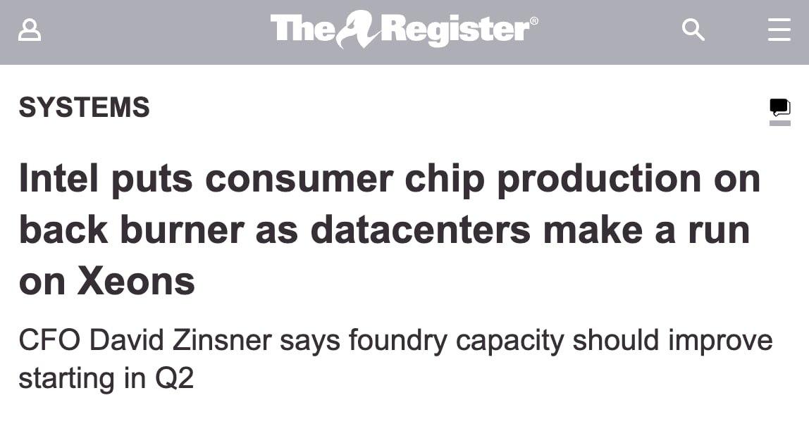 Intel частично сворачивают выпуск процессоров для обычных пользователей Компания сосредоточится на линейке Xeon для серверов ИИ Бюджетные процессоры могут исчезнуть почти полностью Остаток мощностей Intel оставят под средние и топовые чипы Поэтому стоит готовиться к дефициту В старой стратегии для Intel не осталось смысла так как владельцев ПК отпугивают завышенные цены на железо Тем временем спрос на дата центры только растет Дешевые сборки ПК уходят в прошлое