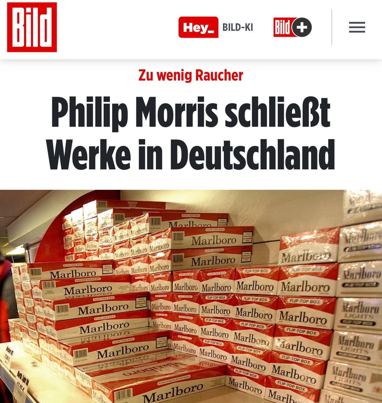 Nicht nur Automobilgiganten fliehen aus Deutschland  Auch Philip Morris schließt nun seine Werke in Deutschland  „Der Tabakriese Philip Morris wird seine Werke in Dresden und Berlin im ersten Halbjahr 2025 schließen.     Der offizielle Grund für die Schließung ist, dass die Nachfrage nach Zigaretten in Europa in den letzten Jahren deutlich zurückgegangen ist.   Insgesamt sind 372 Mitarbeiter betroffen, davon etwa 270 in Dresden.   Die Entscheidung von Philip Morris spiegelt auch Veränderungen in der Tabakindustrie wider, wo die Nachfrage nach traditionellen Zigaretten zurückgeht und Unternehmen sich an neue Marktbedingungen anpassen.“ ----    Из Германии бегут не только автомобильные гиганты  Также и Philip Morris закрывает свои заводы в Германии.  «Табачный гигант Philip Morris закрывает свои предприятия в Дрездене и Берлине в первой половине 2025 года.     Официальная причина закрытия заключается в том, что спрос на сигареты в Европе в последние годы значительно снизился.   В общей сложности это коснется 372 сотрудников, в том числе около 270 в Дрездене.   Решение Philip Morris также отражает изменения в табачной индустрии, где спрос на традиционные сигареты снижается, и компании адаптируются к новым условиям рынка».