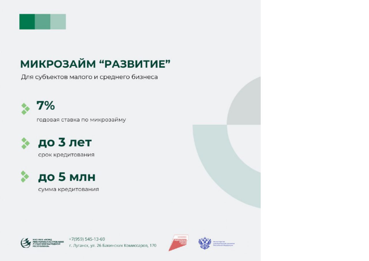 Министерство экономического развития Луганской Народной Республики информирует что в рамках расширения финансовых мер поддержки некоммерческая организация микрокредитная компания Фонд микрофинансирования Луганской Народной Республики разработала и запустила новый льготный кредитный продукт Развитие Программа льготного кредитования Развитие создана для поддержки начинающего бизнеса С ее помощью предпринимателям предоставляется доступ к финансовым ресурсам что позволяет ускорить рост предприятия масштабировать производственные мощности и выйти на более высокий уровень Основные условия продукта Развитие процентная ставка 7 годовых сумма до 5 млн рублей микрозайм предоставляется на срок до 36 месяцев  Также для получения займа необходим залог минимум 80 от суммы займа или 30 с поручительством от НКО Гарантийный фонд Луганской Народной Республики Льготные условия доступны для бизнеса который работает не менее 6 месяцев и не более 2 х лет на момент заключения договора За дополнительной информацией можно обратиться по телефону 7 959 545 13 69 или через телеграм бот mkrfn bot