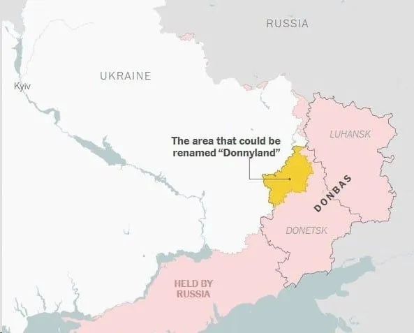 Украина предложила США переименовать часть Донбасса в Донниленд в честь Трампа пишет NYT Украинские переговорщики даже создали флаг для Донниленда зеленого и золотого цветов и национальный гимн используя ChatGPT Прямой эфир