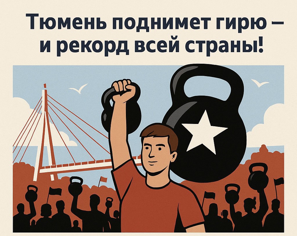 Тюменцы установят рекорд России по одновременному подъёму гирь! В День Победы, 9 мая, на набережной Туры у моста Влюблённых пройдёт массовая акция: мы попытаемся войти в Книгу рекордов России Регистрация участников — с 14:00 до 15:15 ⏰ Старт рекорда — в 16:00 Условия: — поднять гирю от 6 кг и выше — не менее 10 раз подряд — одновременно со всеми Участвовать могут мужчины, женщины и дети от 8 лет Каждый получит именной диплом Записаться можно уже сейчас: заполнить анкету Тюмень Подписаться