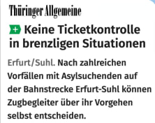 В Германии контролёрам в поездах разрешили не проверять билеты у иммигрантов. Ранее профсоюз объявил, что просители убежища терроризируют персонал и пассажиров.  Газета Thüringer Allgemeine рассказала, что проводники получили разрешение от руководства не проверять билеты у мигрантов на проблемном участке от Эрфурта до Зуля.  Перевозчик пошёл на этот шаг ради «деэскалации отношений с проблемными путешественниками». На этом маршруте иностранцы из близлежащего приюта избивали и оскорбляли сотрудниц поездов.  По словам журналистов, фактическое право на бесплатный проезд осталось только у просителей убежища с Ближнего Востока, так как контролёры по-прежнему проверяют билеты у немцев.