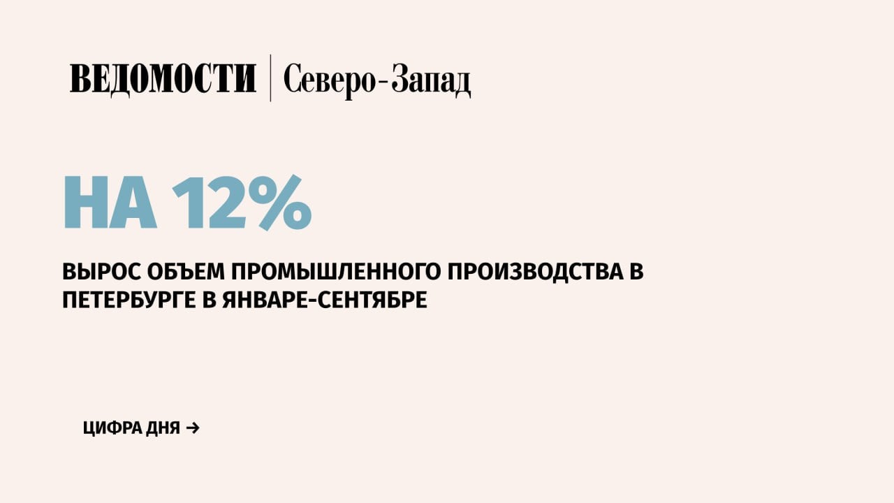 Объем промышленного производства в Санкт-Петербурге в январе-сентябре 2024 г. по сравнению с аналогичным периодом прошлого года вырос на 12%.  ↔ Наибольший прирост за девять месяцев зафиксирован в производстве автотранспортных средств – рост в 3,4 раза.  ↔ Производство компьютеров, электронных и оптических изделий в Петербурге выросло в 1,7 раза.  ↔ Производство прочих транспортных средств и оборудования увеличился на 36,1%, одежды  +36% ,  электрического оборудования – на 24%,напитков  +17,3% , бумаги и бумажных изделий  +16,6% .    Рост промпроизводства в городе происходит за счет модернизации производств, внедрения инноваций, перехода на отечественное оборудование и выпуска высокотехнологичной продукции, сказал губернатор Санкт-Петербурга Александр Беглов.    Подпишитесь на «Ведомости Северо-Запад»