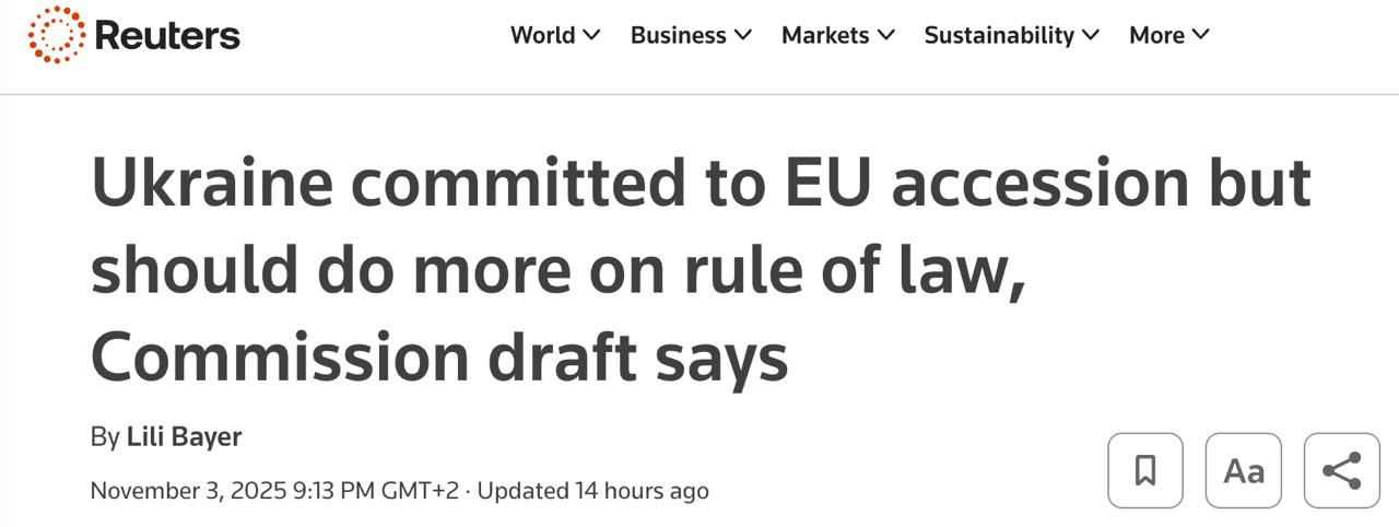 Вступление Украины в ЕС столкнется с серьезными препятствиями и не произойдет в ближайшем будущем пишет Reuters анализируя новый доклад Еврокомиссии В нем сказано что Киев демонстрирует замечательную приверженность вступлению в блок но должен обратить вспять недавние негативные тенденции в борьбе с коррупцией и ускорить реформы в сфере верховенства права В частности Украину призывают добиться большего прогресса в вопросах независимости судебной системы борьбы с организованной преступностью и уважения гражданского общества Недавние негативные тенденции включая растущее давление на специализированные антикоррупционные органы и гражданское общество должны быть решительно обращены вспять говорится в проекте текста Для вступления в ЕС требуется единогласная поддержка всех членов блока пока Венгрия блокирует даже переход к следующему этапу переговоров Сайт Страна X Twitter Прислать новость фото видео Реклама на канале Помощь