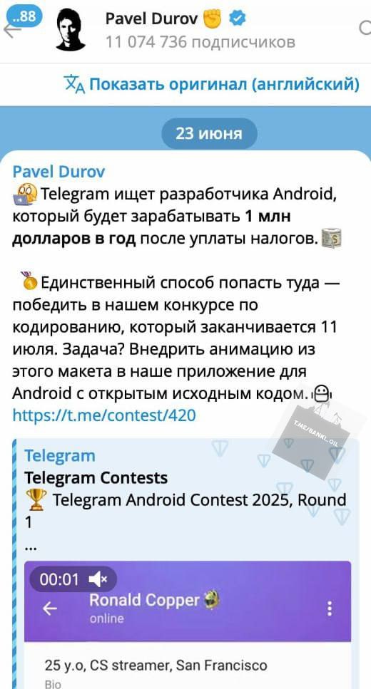 Дуров срочно ищет Android-разработчика в команду Telegram с зарплатой $1 млн в год после налогов.