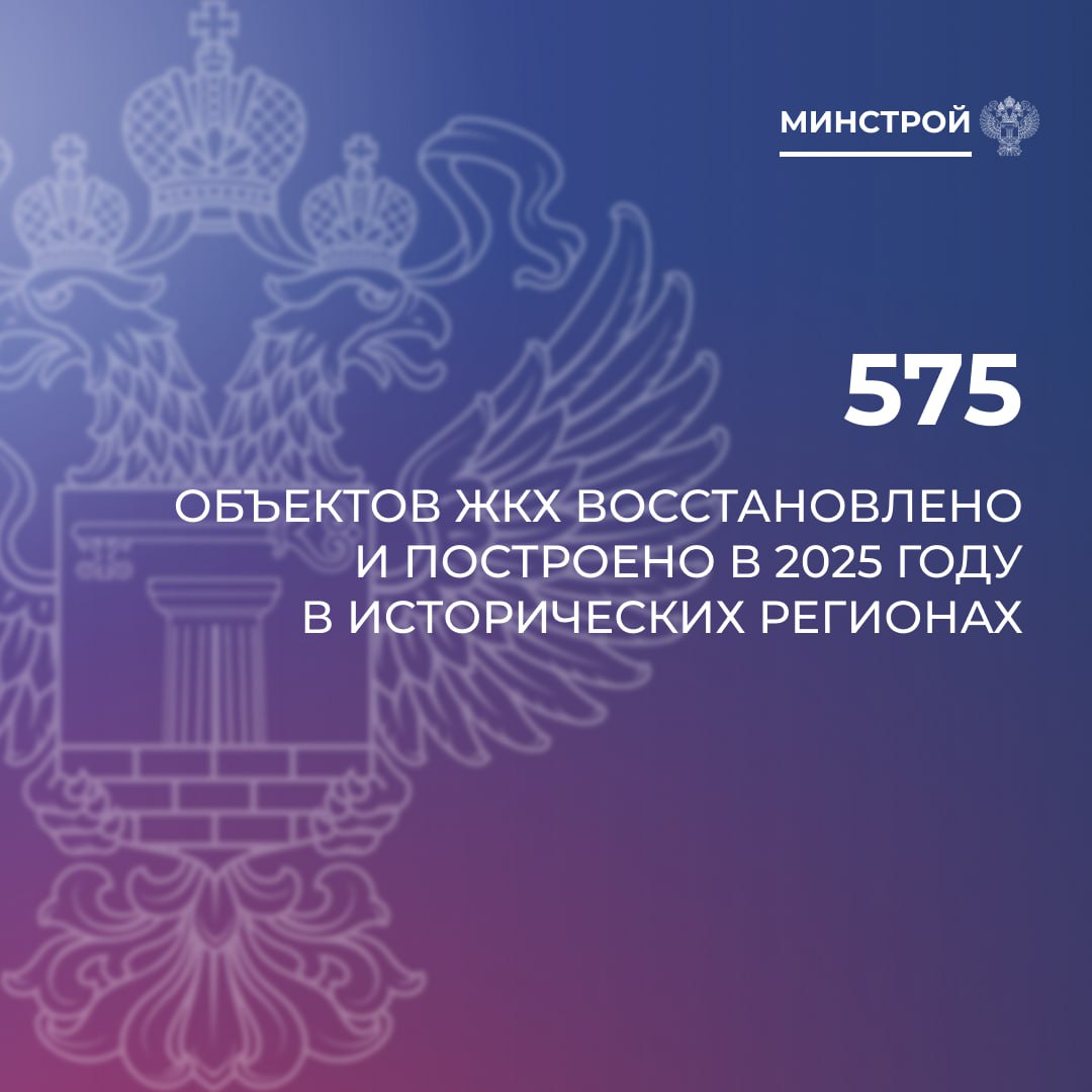 Более 570 объектов ЖКХ восстановлено в исторических регионах в 2025 году В исторических регионах в 2025 году силами федеральных строительных организаций и регионов шефов построено и восстановлено 575 объектов жилищно коммунальной инфраструктуры Об этом сообщили в министерстве строительства и жилищно коммунального хозяйства РФ в ДНР 206 объектов в ЛНР 208 объектов в Запорожской области 143 объекта в Херсонской области 18 объектов В Минстрое РФ подчеркнули что благодаря совместным усилиям отопительный сезон на Донбассе и в Новороссии начат штатно При поддержке регионов шефов сформировано 200 аварийных бригад в составе которых более 1 тыс специалистов и 419 единиц техники Сформирован нормативный запас топлива В ДНР уголь 8233 3 тонн дизельное топливо 156 тонн В ЛНР уголь 15823 3 тонн дизельное топливо 9 469 тонн В Запорожской области уголь 8428 99 тонн дизельное топливо 23622 тонн В Херсонской области уголь 14854 19 тонн дизельное топливо 717 13 тонн