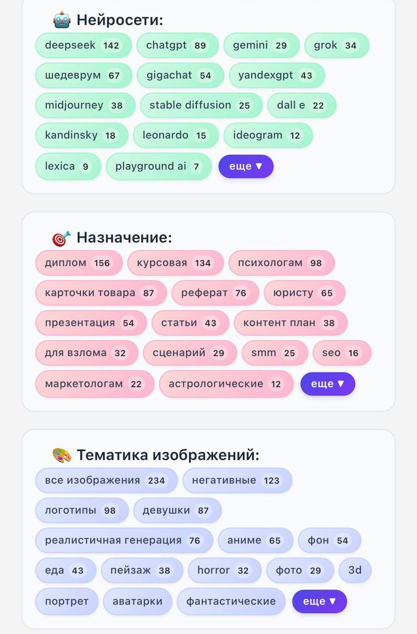В сети нашли огромную библиотеку промтов на все случаи жизни на русской языке Внутри бесплатная коллекция промтов для учёбы творчества работы и много чего ещё интересного Сохраняем и забираем здесь techmedia