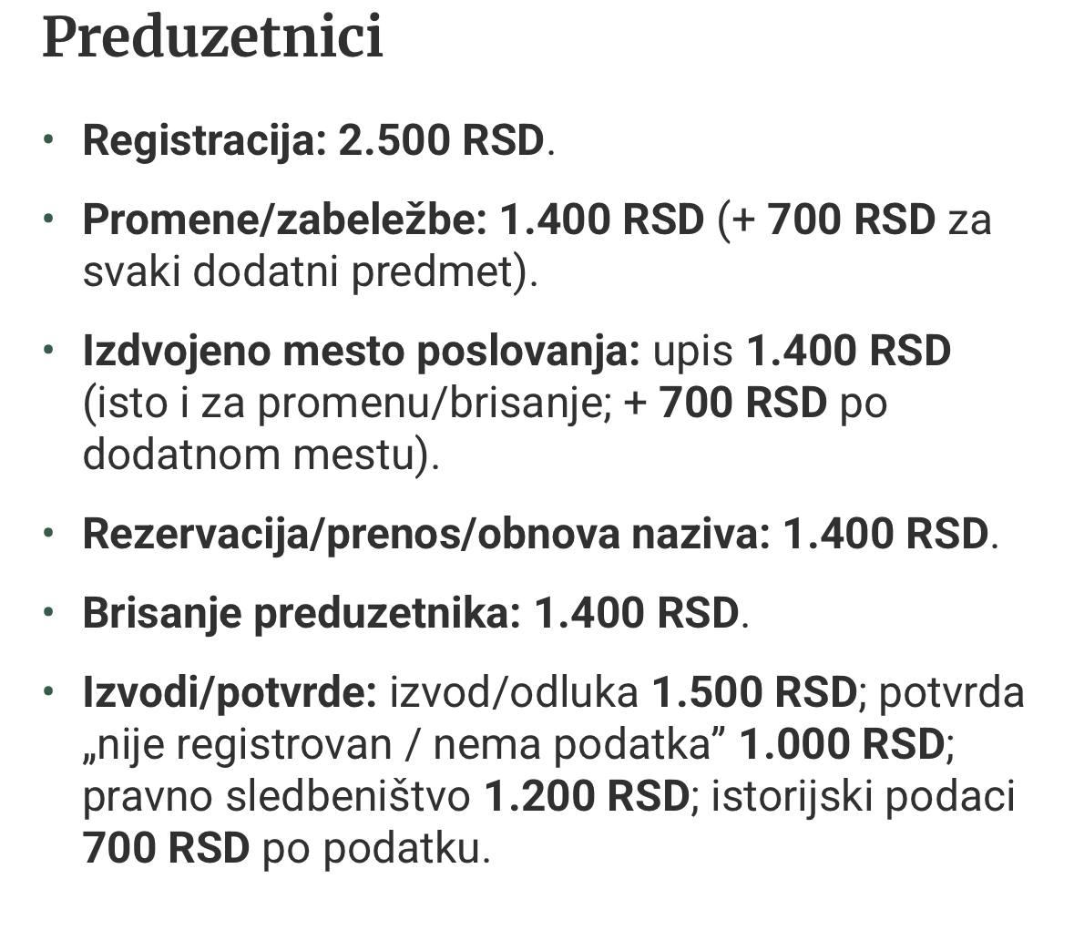 Изменился размер пошлин АПР Агентство по регистрации предприятий Агенције за привредне регистре АПР объявило о новых тарифах которые вступят в силу с 1 января 2026 года Так регистрация ИП выросла с 1 670 до 2 500 динаров Регистрация ДОО теперь стоит 6 000 динаров Индивидуальные предприниматели Регистрация 2 500 динаров Внесение изменений 1 400 динаров 700 динаров за каждый дополнительный пункт Отдельное место ведения деятельности регистрация 1 400 динаров столько же за изменение или удаление 700 динаров за каждое дополнительное место Резервация перенос обновление названия 1 400 динаров Удаление предпринимателя из реестра 1 400 динаров Выписки справки выписка решение 1 500 динаров справка не зарегистрирован нет данных 1 000 динаров правопреемство 1 200 динаров исторические данные 700 динаров за каждый параметр Одлука о накнадама за послове регистрације и друге услуге које пружа Агенција за привредне регистре Службени гласник РС број 95 од 31 октобра 2025 Подписывайтесь на канал Гражданство Сербии законы об иностранцах что нового Поддержите наш труд донатом или реакцией закон труд тарифы