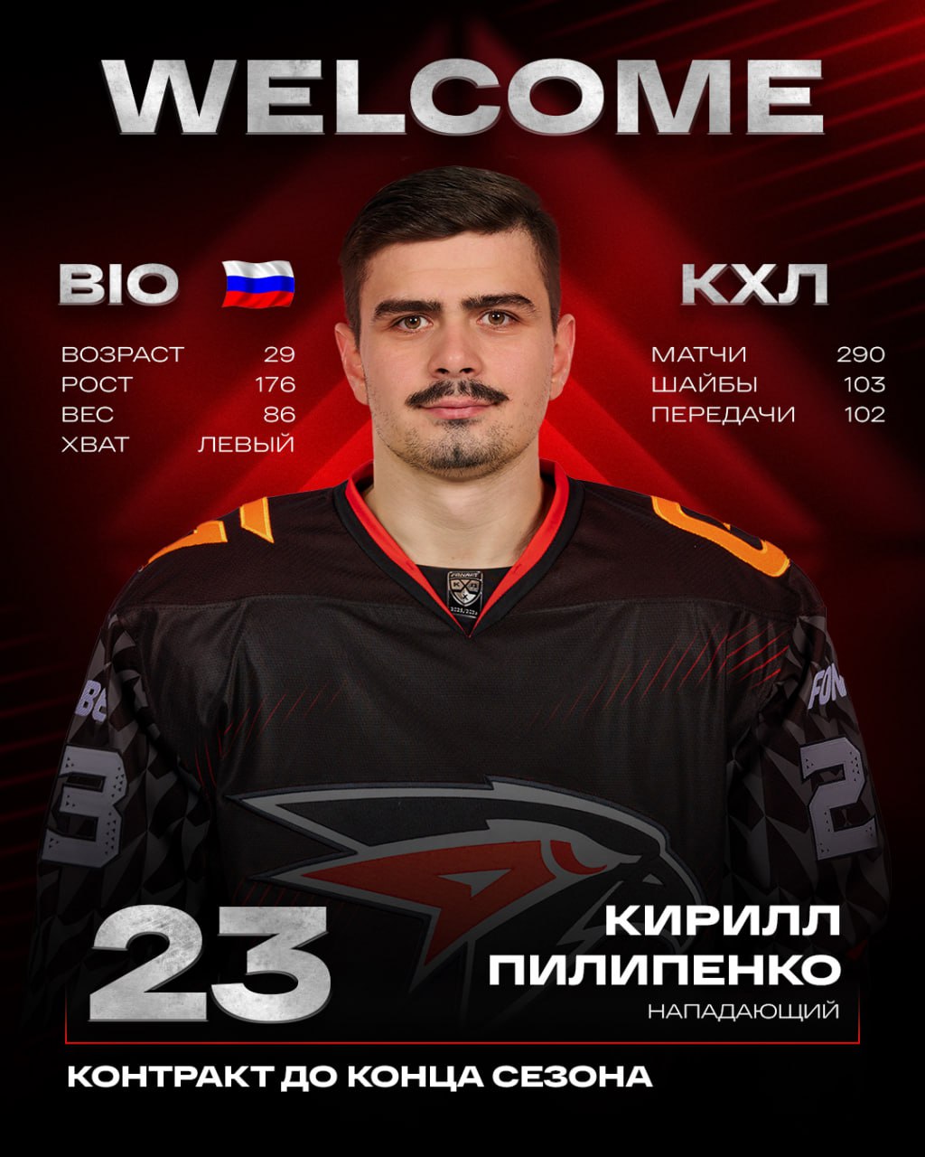 Хоккейный клуб Авангард подписал контракт до 31 мая 2026 года с нападающим Кириллом Пилипенко Алексей Сопин генеральный менеджер ХК Авангард Рады приветствовать Кирилла Пилипенко в составе ястребов Мы очень хотели усилить атаку именно таким игроком который способен нанести точный бросок в финальной стадии атаки Очевидно что после ярких сезонов в Северстали ему необходим новый вызов Уже в понедельник игрок присоединится к команде Когда мы его увидим на льду Решать тренерам Думаю стоит учитывать тот факт что некоторое время Кирилл был без игровой практики Всего в КХЛ 29 летний нападающий провел 290 игр в которых набрал 205 103 102 очков Последние пять сезонов Кирилл Пилипенко провел в череповецкой Северстали где являлся одним из лидеров команды В 2013 году Пилипенко стал бронзовым призером чемпионата МХЛ а в 2017 стал обладателем Братины в составе Югры В составе омского Авангарда хоккеист будет выступать под номером 23 Будь в Авангарде