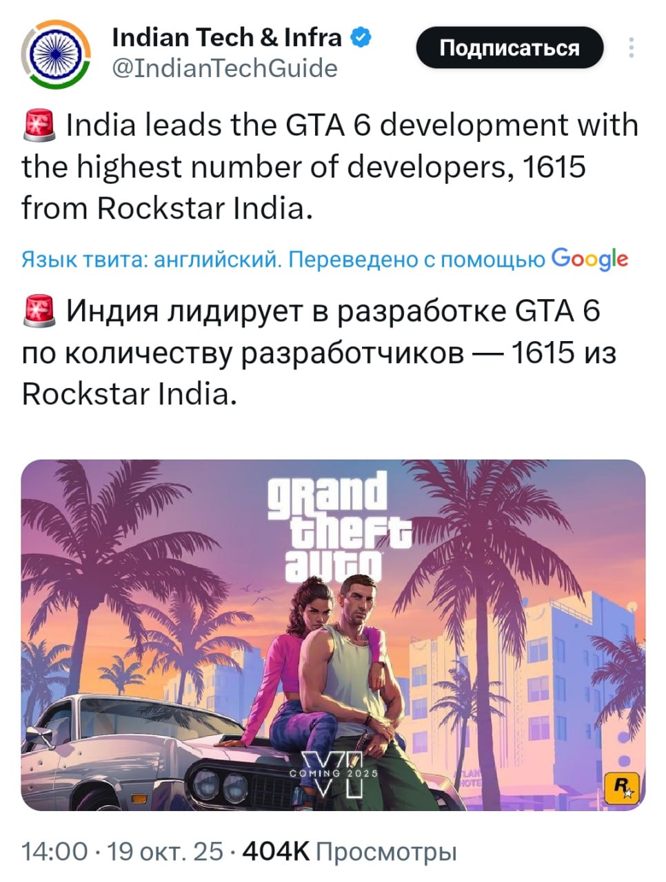 Вы не готовы GTA 6 разрабатывает армия индусов по данным СМИ над игрой работает рекордное количество сотрудников из Rockstar India целых 1615 человек Для сравнения в легендарной Rockstar North всего 1215 Всего над GTA 6 трудится 10 студий по всему миру но именно индусы составляют крупнейшую команду 1337