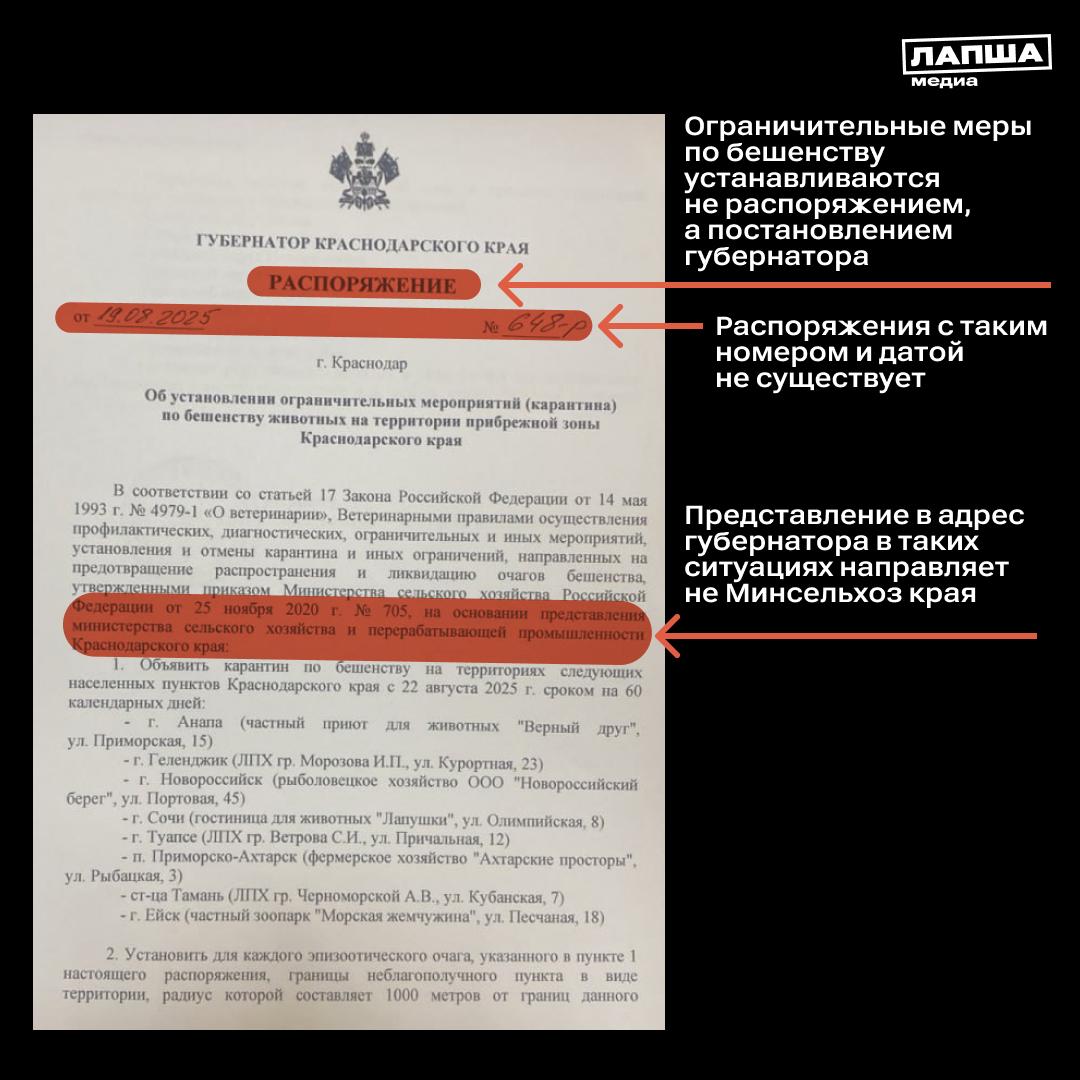 В Сети пишут что в Краснодарском крае вводится карантин из за угрозы распространения бешенства Оперштаб Краснодарского края назвал фейком сообщения о введении карантина а документ подделкой К тому же на недостоверность распоряжения указывает сразу несколько фактов Ограничительные меры по бешенству устанавливаются не распоряжением а постановлением губернатора Минсельхоз края не обращается к губернатору в таких ситуациях за это отвечает другое региональное ведомство Распоряжения с таким номером и датой не существует а адреса закрепленные за учреждениями в документе не соответствуют действительности В Оперштабе края также заверили что в настоящее время территория региона благополучна по бешенству Ситуация стабильна и находится на постоянном контроле департамента ветеринарии Краснодарского края Подпишитесь на Лапша Медиа