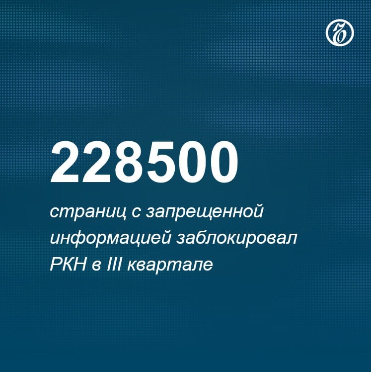 Роскомнадзор совместно с профильными ведомствами в третьем квартале удалил или заблокировал на основании судебных решений 189 тыс. сайтов. Еще 39,5 тыс. интернет-страниц были заблокированы «в ходе рабочего взаимодействия с администрациями социальных сетей», говорится в сообщении регулятора.    В третьем квартале было удалено 28,5 тыс. материалов, относящихся к детской порнографии;    32,2 тыс. материалов пронаркотической тематики;    8,6 тыс. фейков о Вооруженных силах РФ;    11,2 тыс. материалов на тему суицида;    13,4 тыс. материалов экстремистского и террористического характера;    9,1 тыс. материалов, пропагандирующих ЛГБТ, педофилию и смену пола.    Подписывайтесь на «Ъ» Оставляйте «бусты»