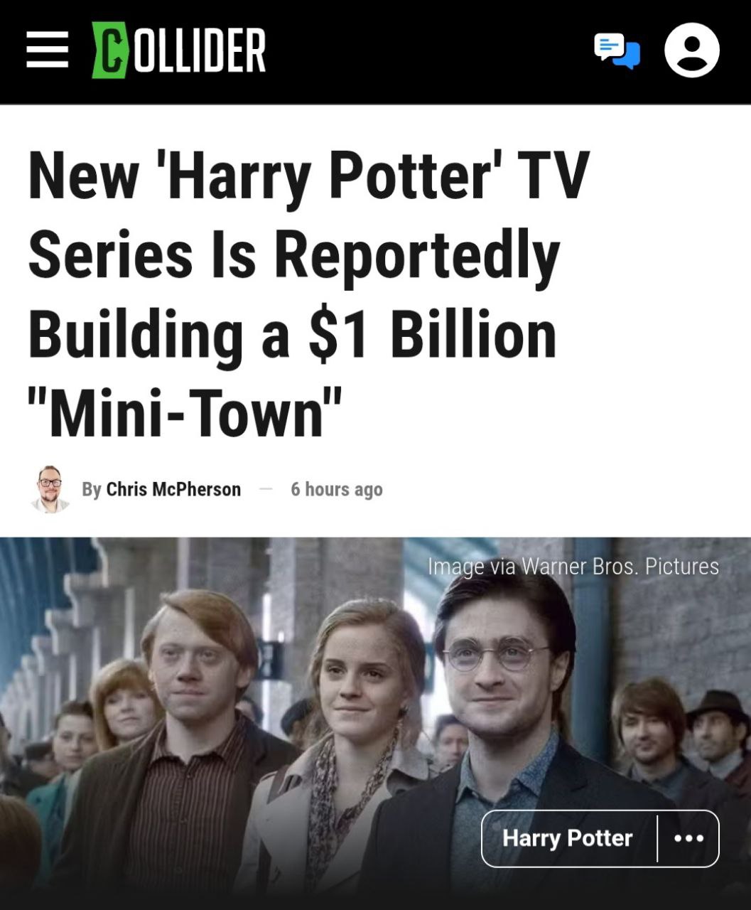 Для съёмок нового «Гарри Поттера» Warner Bros. строят мини-город за миллиард ! фунтов. Благодаря нему HBO экранизируют знаковые локации из книг, а само пространство будет работать как карманный мегаполис — в нём даже появится школа для молодых актёров. Выход сериала «Гарри Поттер» на HBO запланирован на 2026 год. Каст основного пула актёров утверждён.